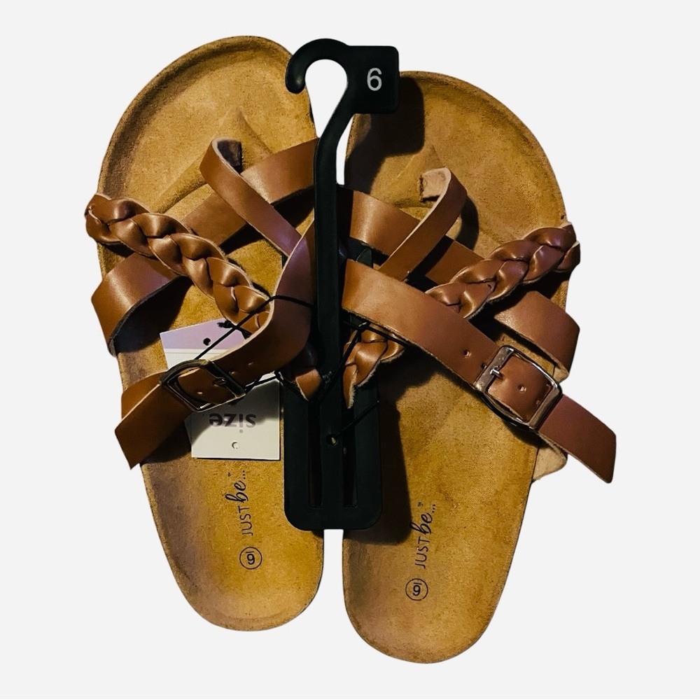 NWT Just Be Woman’s Tan Braided Straps Sandals With Adjustable Buckle